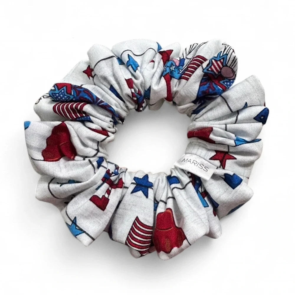 Patriotic Red and Blue Pattern Hair Scrunchies and Headband Set. Handmade.